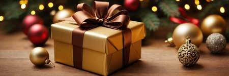 Gift box with golden bow on wooden table with christmas tree in backgroundの素材