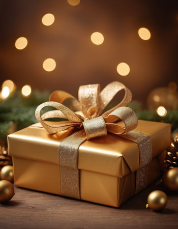 Golden gift box with golden ribbon and christmas balls on bokeh backgroundの素材