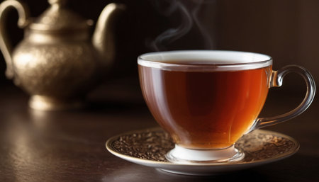 Cup of tea with teapot on a wooden table.の素材