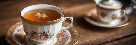 Cup of tea with teapot and saucer on wooden tableの素材