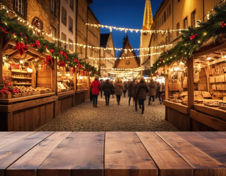 Empty wooden table and Christmas market in old town of Bern, Switzerlandの素材