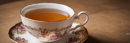 Cup of tea on a wooden table, close-up.の素材