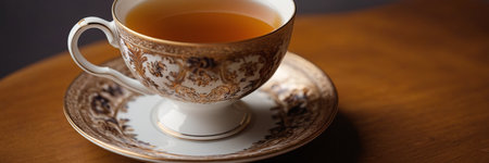 Cup of tea on a wooden table, close-up.の素材