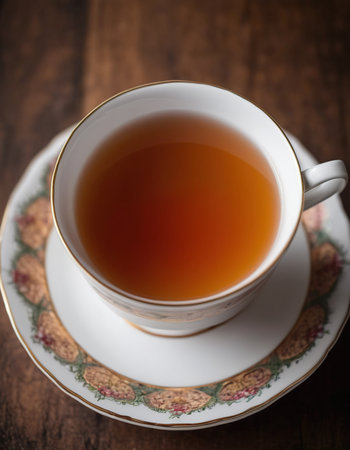 Cup of tea on a wooden table. Selective focus.の素材