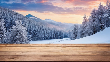 Wooden table against winter landscape with snow covered fir trees in mountainsの素材
