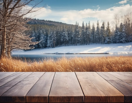 Empty wooden table for product display montages with winter landscape background.の素材
