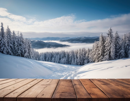 Wooden table in front of winter landscape with mountains and fog.の素材