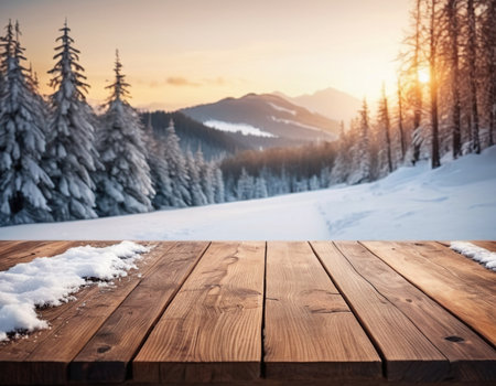 Wooden board empty table in front of beautiful winter landscape. Ready for product display montageの素材