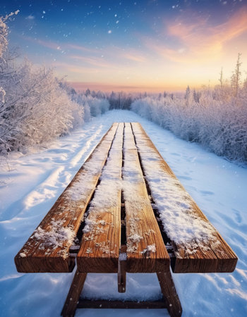 Wooden bench in the winter forest at sunset. Beautiful winter landscape.の素材