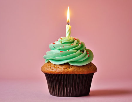 Cupcake with green buttercream frosting and lit candle on pink backgroundの素材