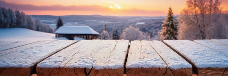 Wooden table in front of winter landscape. Panoramic bannerの素材