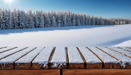 Wooden table against snowy winter landscape with fir trees and blue skyの素材