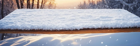 Wooden table covered with snow in winter forest. Panoramic bannerの素材