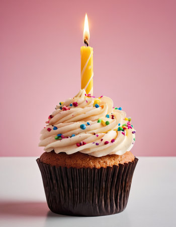 Birthday cupcake with burning candle on pink background, closeupの素材