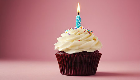 Birthday cupcake with burning candle on pink background, closeupの素材