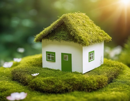 Little green house on green moss with sunlight. Eco friendly concept.の素材
