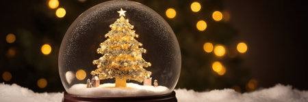 Snow globe with christmas tree on bokeh background, panoramaの素材