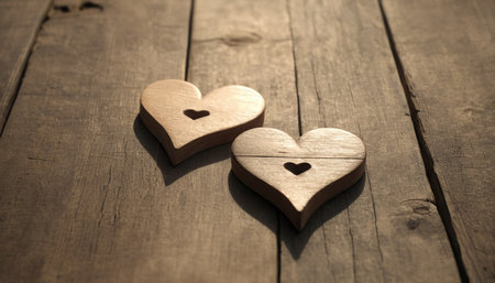 Two wooden hearts on a wooden background. Valentines day background.の素材