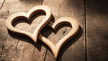 Two wooden hearts on a wooden background. Valentines day concept.の素材