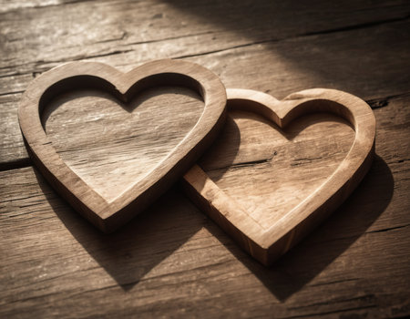 Two wooden hearts on a wooden background. Shallow depth of field. Toned.の素材