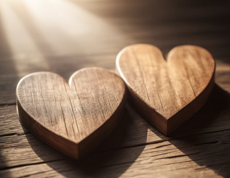 Wooden hearts on a wooden table. Valentine's day background.の素材