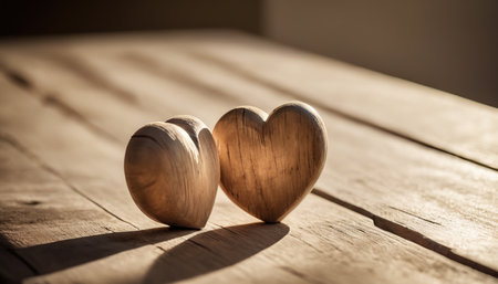 Two wooden hearts on a wooden background. Valentines day concept.の素材