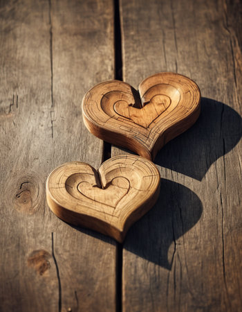 Two wooden hearts on a wooden table. Valentines day background.の素材