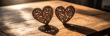 Two hearts on a wooden table in the sunlight. Selective focus.の素材