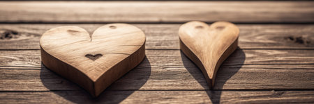 Two wooden hearts on a wooden background. Valentines day concept.の素材