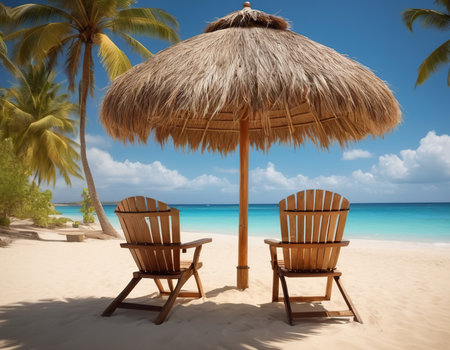 Beach chairs and umbrella on a tropical sand beach with palm treesの素材