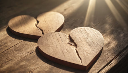 Wooden hearts on a wooden background. Valentines Day background.の素材