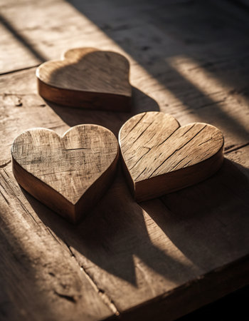 Wooden hearts on a wooden background. Valentine's Day concept.の素材