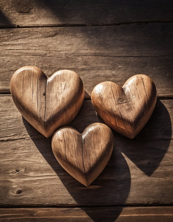 Two wooden hearts on old wooden background, valentines day conceptの素材