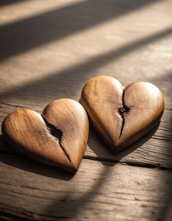 Wooden hearts on a wooden background in the rays of the sunの素材