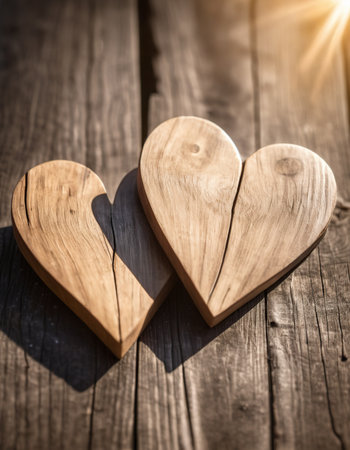 Two wooden hearts on a wooden background. Valentine's day concept.の素材