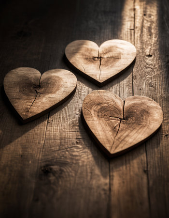 Wooden hearts on a wooden background. Shallow depth of field. Toned.の素材