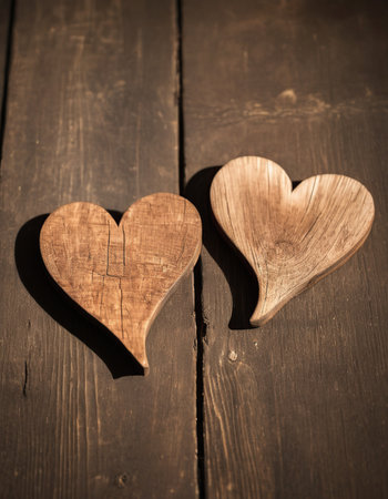 Two wooden hearts on a dark wooden background. Valentines Day.の素材