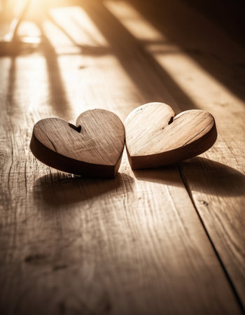 Two wooden hearts on a wooden background, valentine's dayの素材