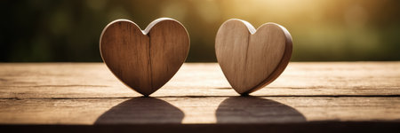 Two wooden hearts on a wooden table. Valentine's day concept.の素材