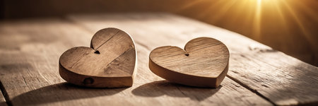 Two wooden hearts on a wooden background. The concept of Valentine's Day.の素材