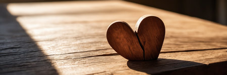 Wooden heart on a wooden table in the sunlight. Valentine's Day concept.の素材
