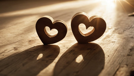 two wooden hearts on a wooden table with rays of light and shadowの素材