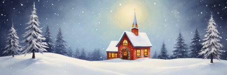 Christmas and New Year background with christmas church in winter forest.の素材