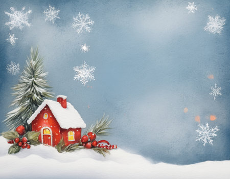 Christmas and New Year background with red house and fir branches covered with snowの素材