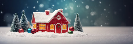 Christmas and New Year holiday background. Christmas tree, house and toys on snow.の素材