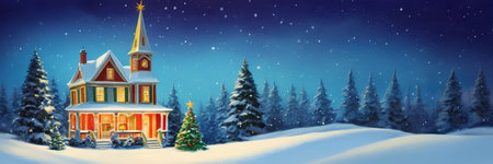 Christmas and New Year background with christmas tree and house in winter forestの素材
