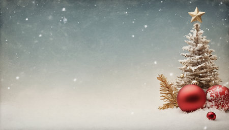 Christmas background with red baubles and fir tree on snow.の素材
