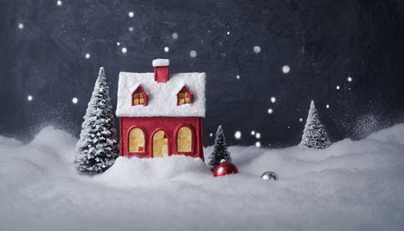 Christmas and New Year holiday background. Festive decoration with toy house in snow.の素材