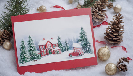 Christmas greeting card on the snow with red car and christmas treeの素材