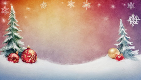 Christmas background with baubles and fir tree in the snow.の素材